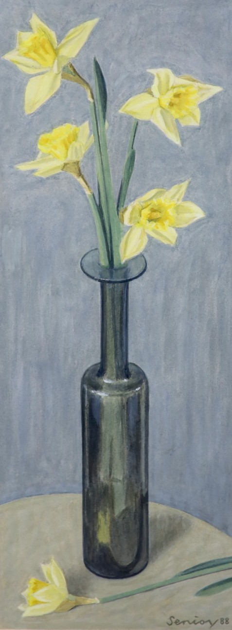 Bryan Senior (British b.1935), acrylic on paper, 'Daffodils in grey vase', signed and dated '88 43 x 16.5cm